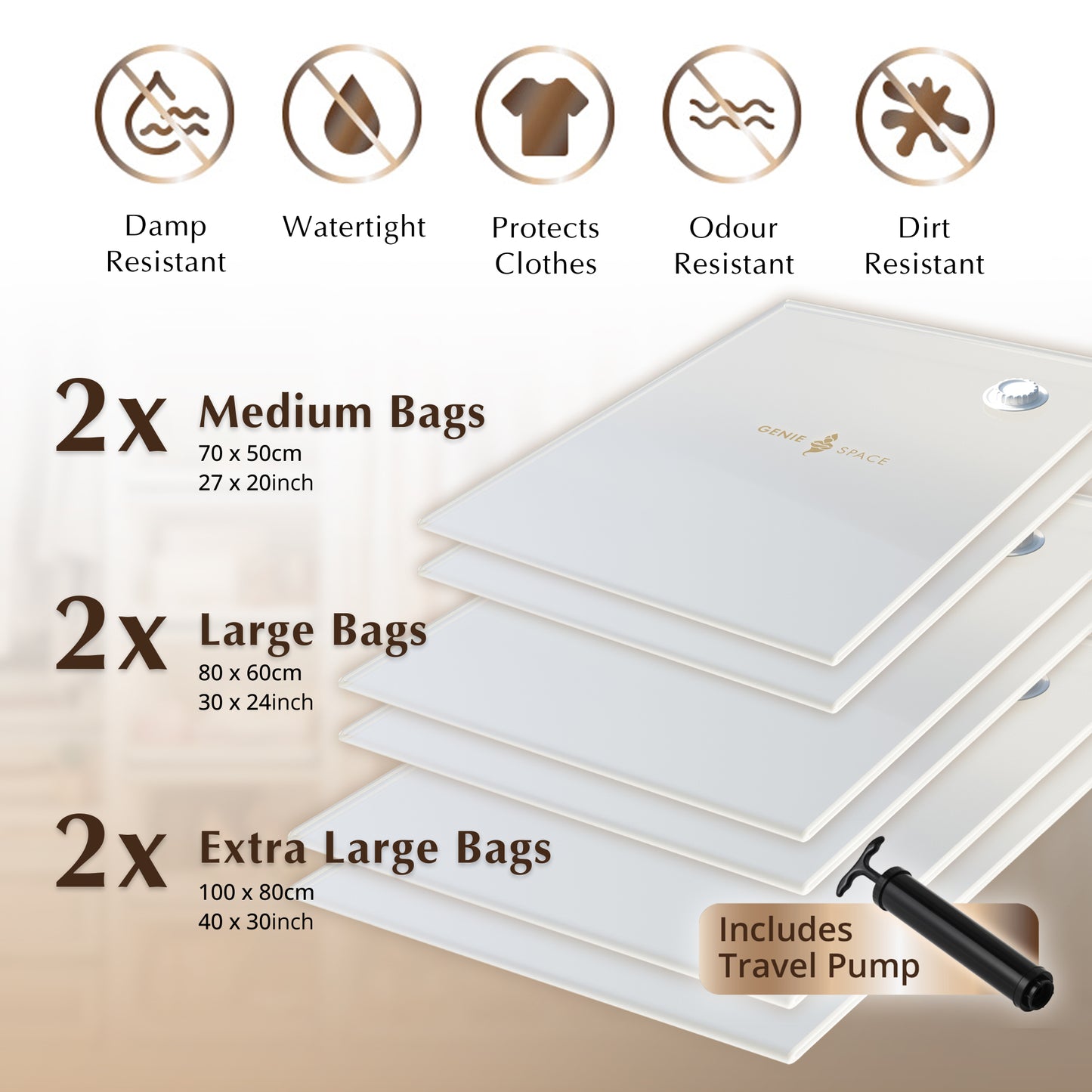 Premium Variety Bags 6 Pack - (2XL+2L+2M) inc pump