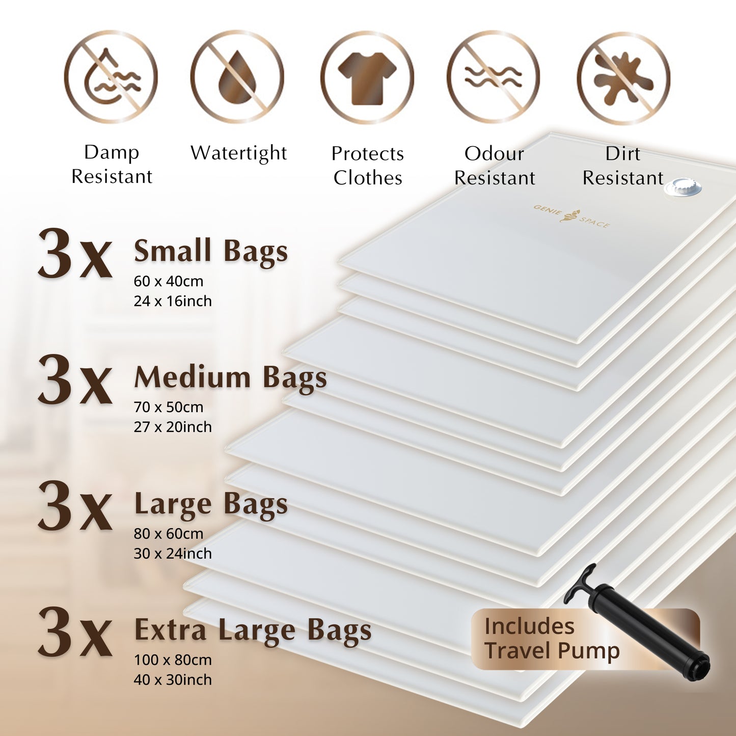 Premium Variety Bags 12 Pack - (3XL+3L+3M+3S) inc pump