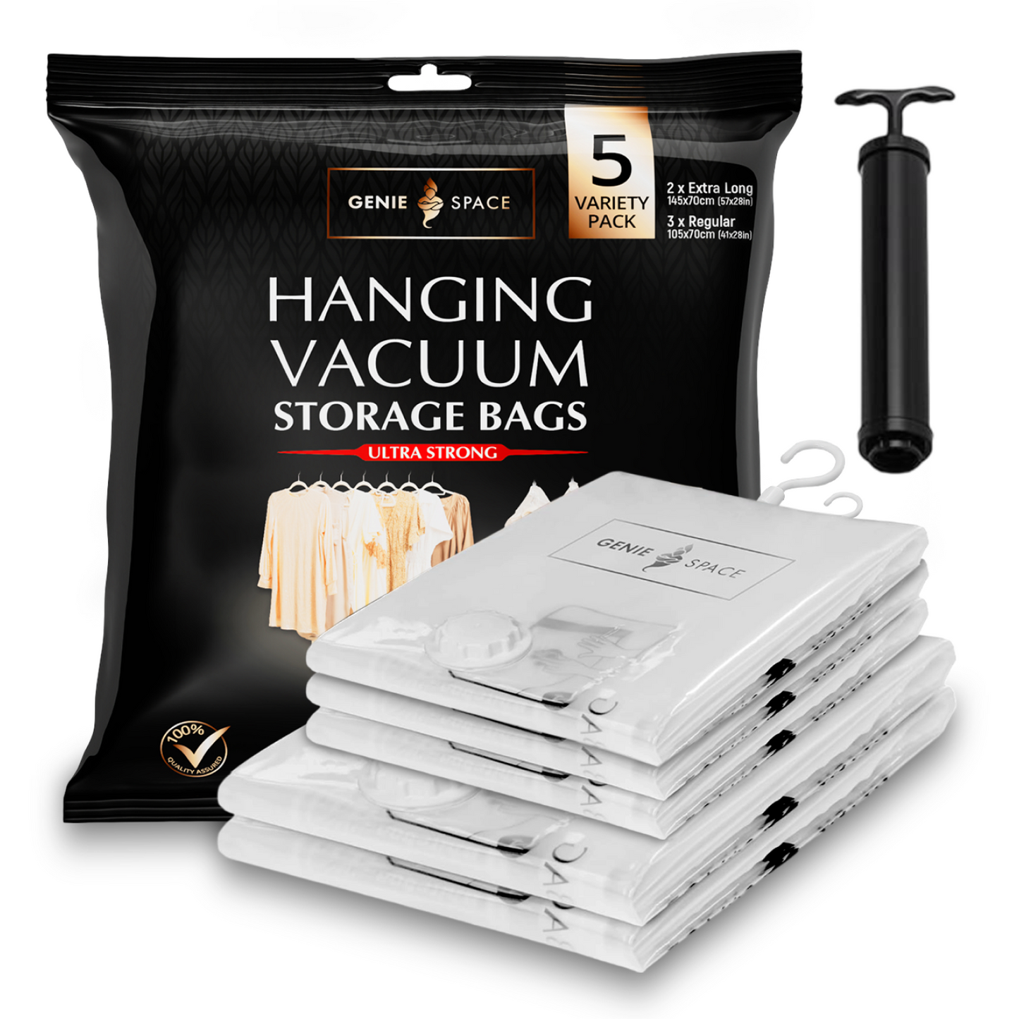 Hanging Variety Bags 5 Pack - (2XL+3REG) inc pump