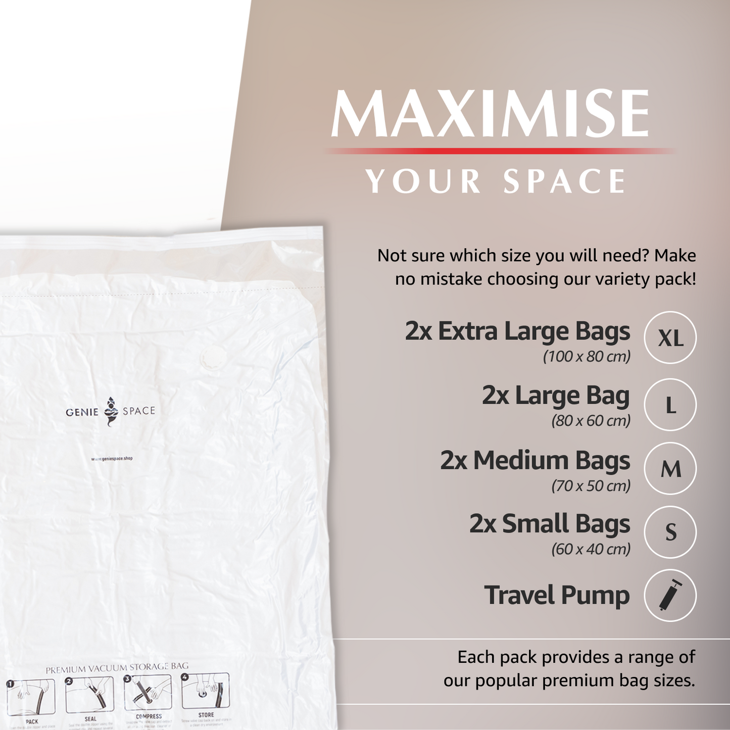 Premium Variety Bags 8 Pack - (2XL+2L+2M+2S) inc pump