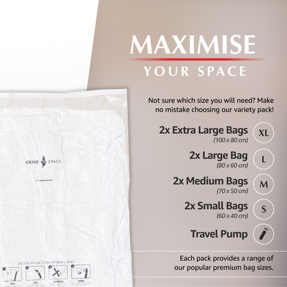 Premium Variety Bags 8 Pack - (2XL+2L+2M+2S) inc pump