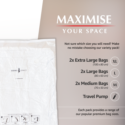 Premium Variety Bags 6 Pack - (2XL+2L+2M) inc pump