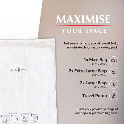 Premium Variety Bags 5 Pack - (1MX+2XL+2L) inc pump