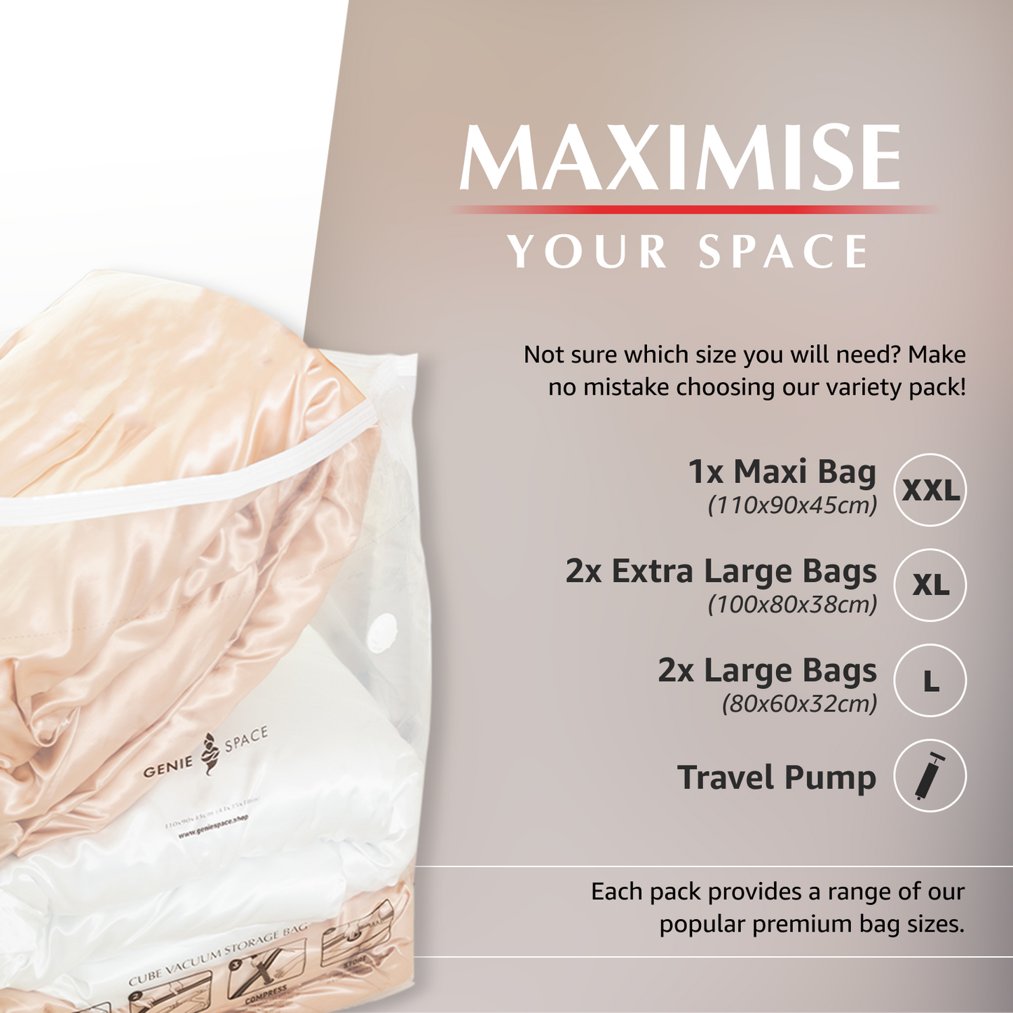 Cube Variety Bags 5 Pack - (1MX+2XL+2L) inc pump