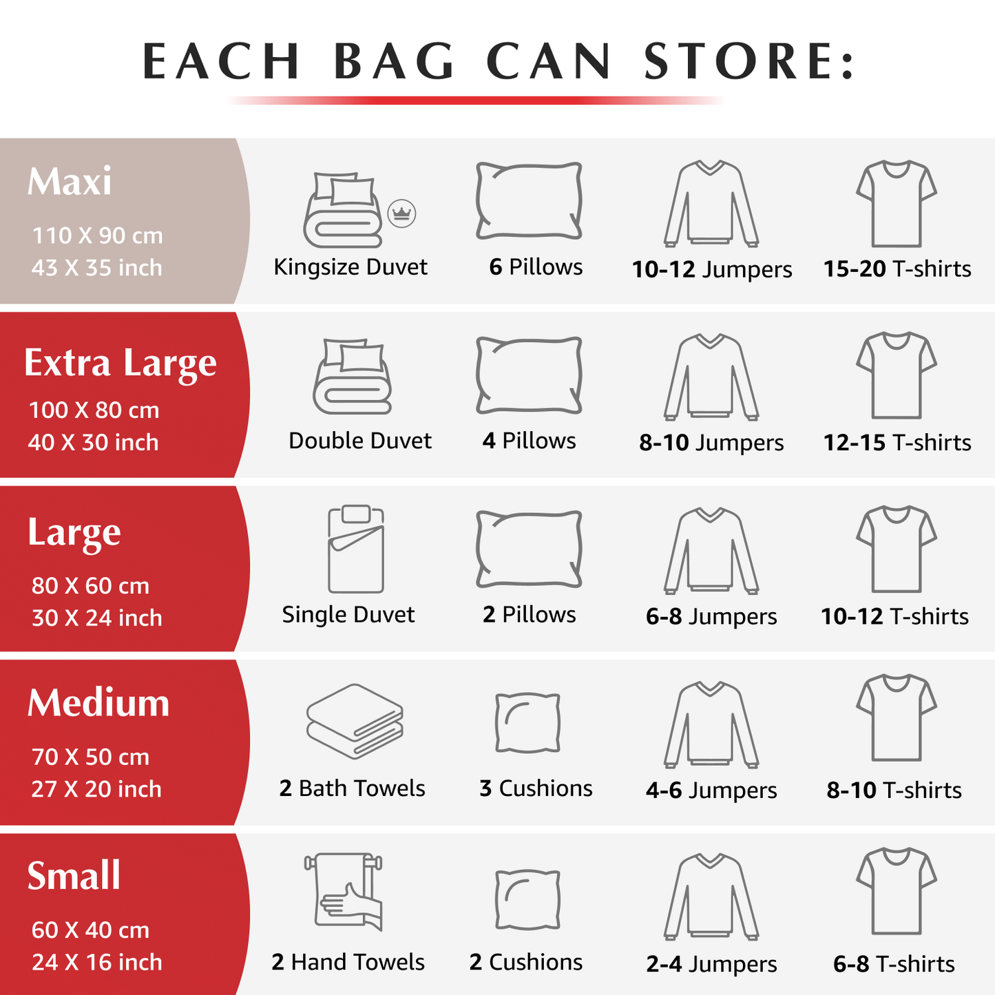 Premium Variety Bags 8 Pack - (2XL+2L+2M+2S) inc pump