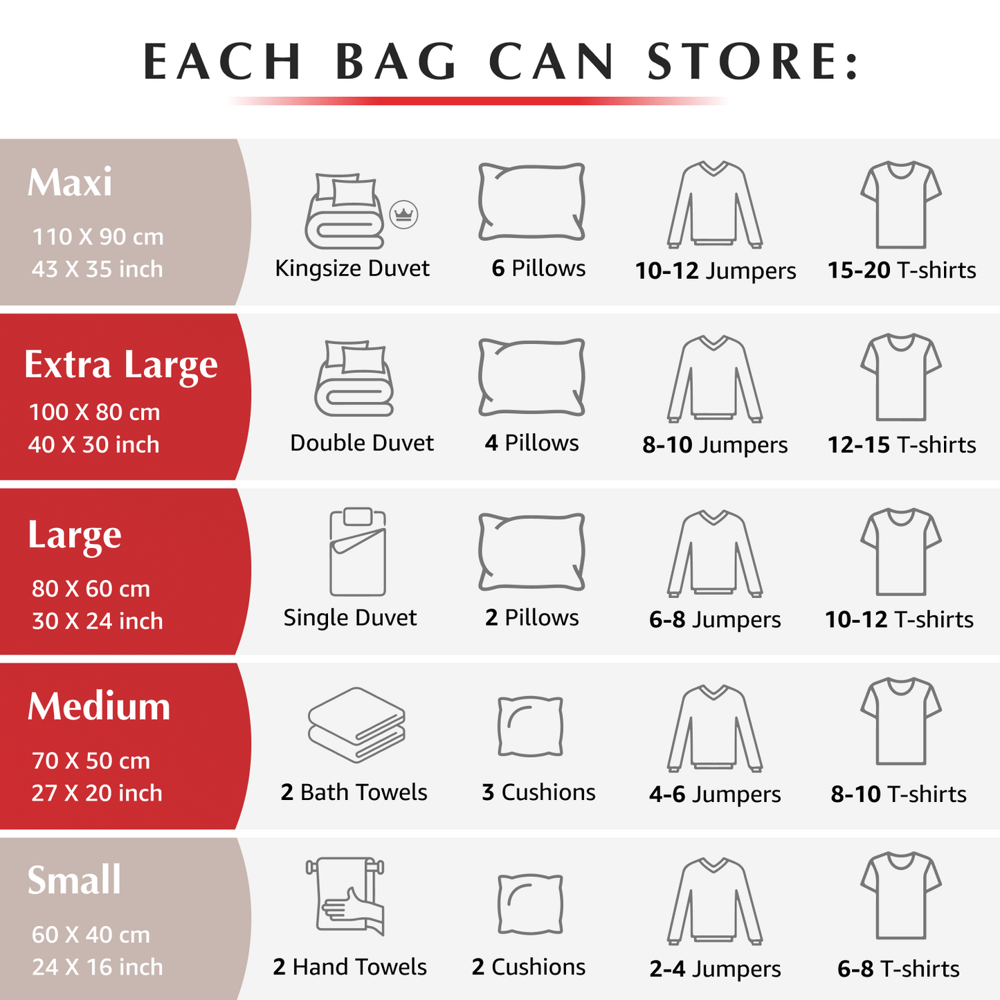 Premium Variety Bags 6 Pack - (2XL+2L+2M) inc pump