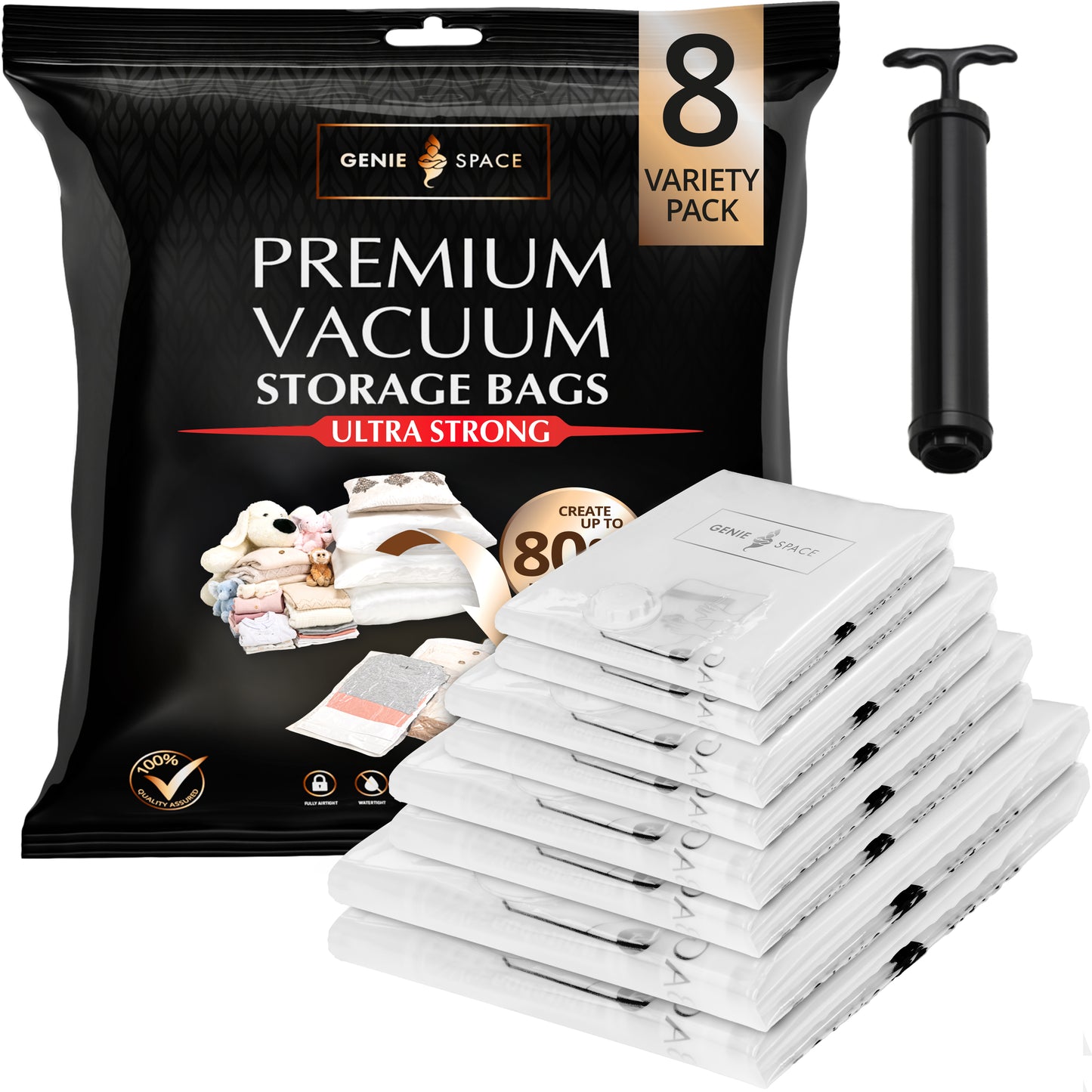 Premium Variety Bags 8 Pack - (2XL+2L+2M+2S) inc pump