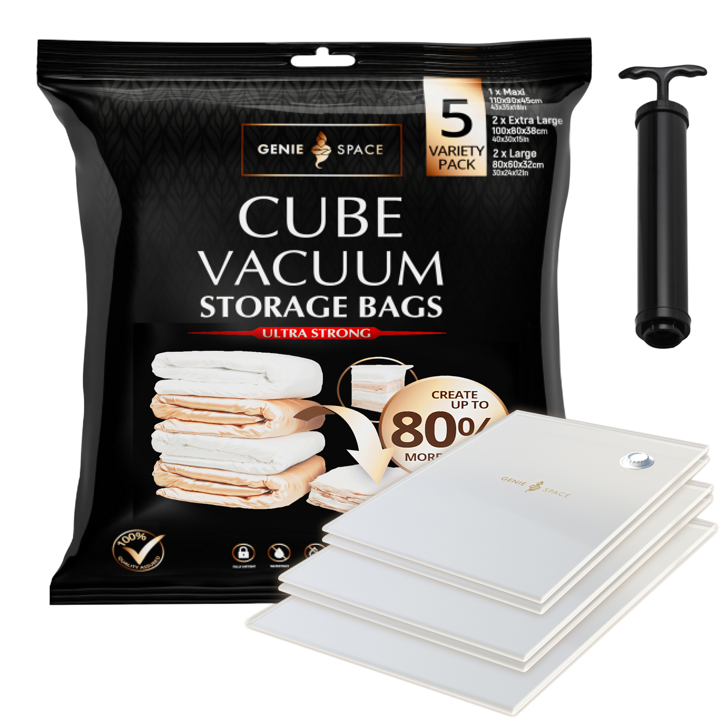 Cube Variety Bags 5 Pack - (1MX+2XL+2L) inc pump